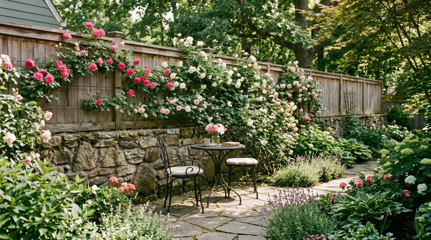 Stone and Wood Fence with Climbing Roses
